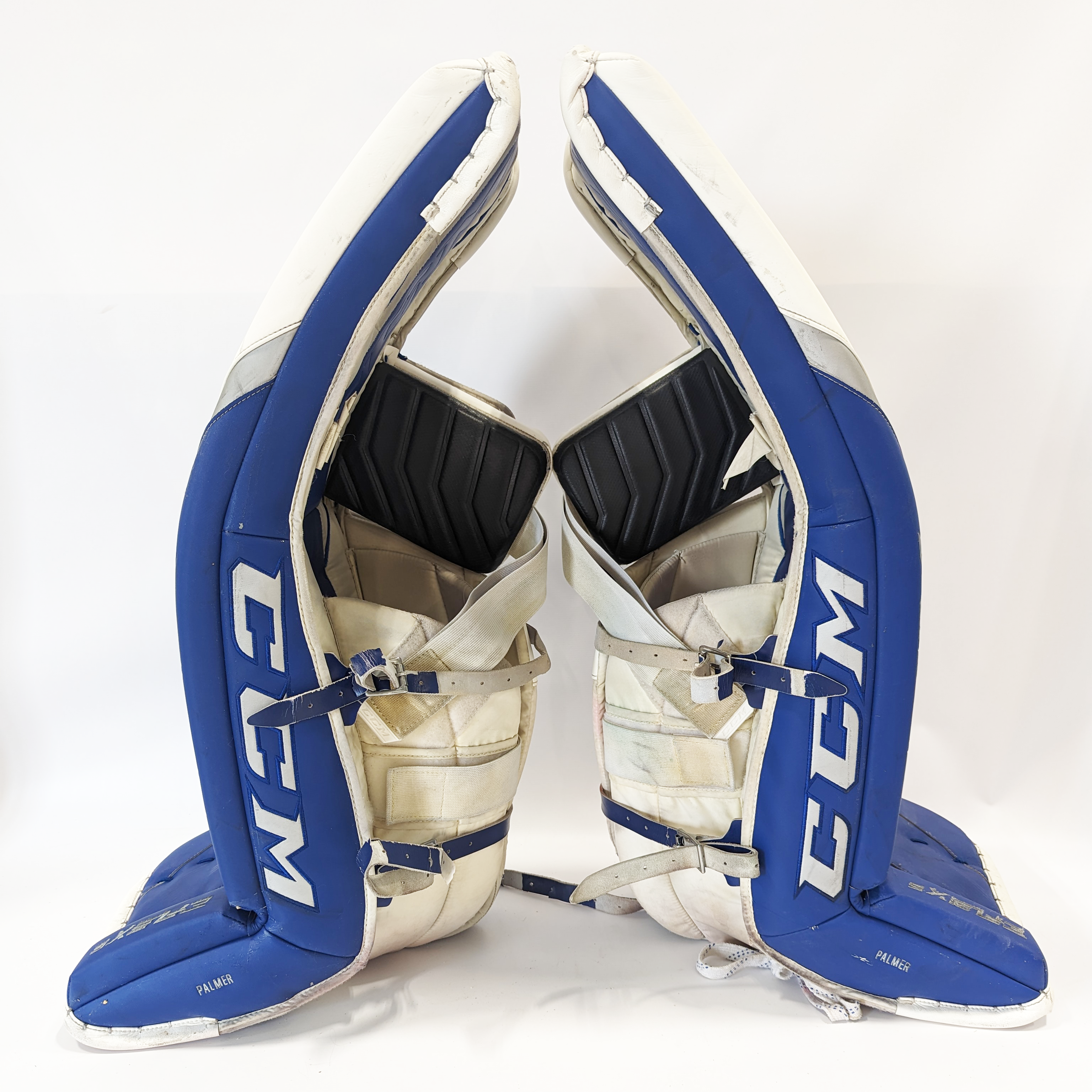 CCM Extreme Flex 5 - Jambières de gardien NCAA Pro Stock d'occasion (blanc/bleu)